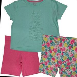 New 3 piece set of blouse and shorts‎ for girl pink/Green size 7/8